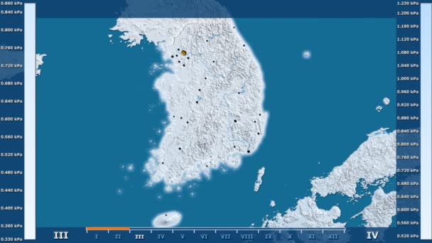 水蒸汽压力按月在南韩地区以动画传奇发光的形状 行政边界 主要城市 球极投影 — 图库视频影像