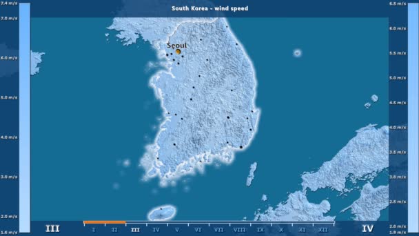 风速按月在韩国地区与动画传奇 英文标签 国家和资本名称 地图描述 球极投影 — 图库视频影像