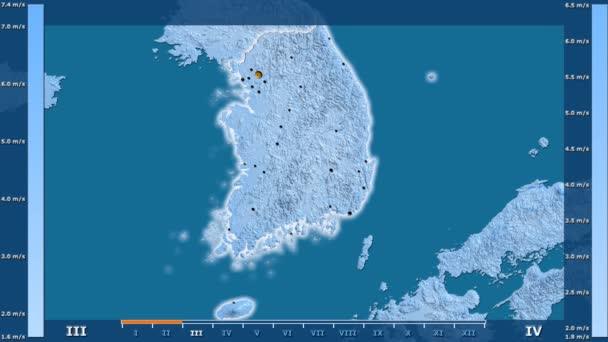 风速按月在韩国地区以动画传说发光的形状 行政边界 主要城市 球极投影 — 图库视频影像