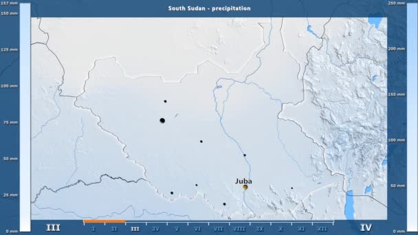 アニメーションの伝説 英語のラベルと南スーダン地方の月別降水量 国と首都名は マップの説明 平射図法 — ストック動画