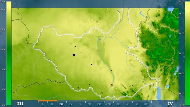 アニメーションの伝説 輝く形状 管理上のボーダー 主要都市 首都の南スーダン地域の月別平均気温は 平射図法 — ストック動画