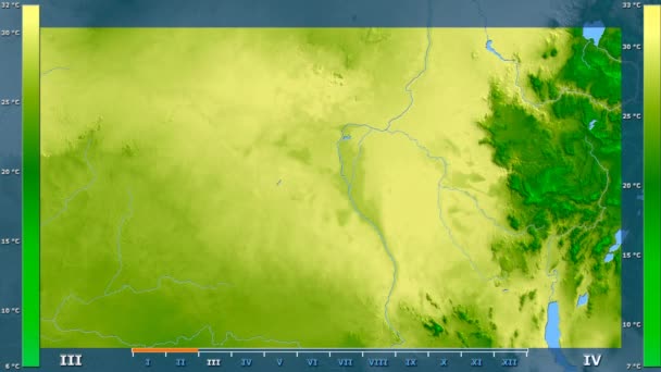 平均温度按月在南部的苏丹地区以动画传奇 原始的颜色着色器 球极投影 — 图库视频影像