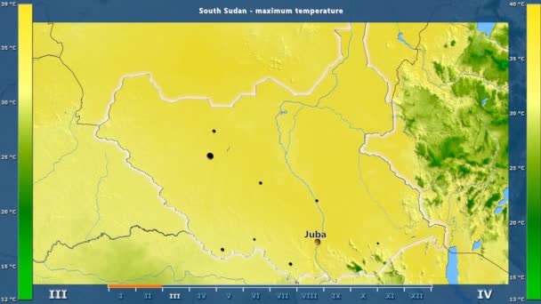 アニメーションの伝説 英語のラベルと南スーダン地域の月別最高気温 国と首都名は マップの説明 平射図法 — ストック動画
