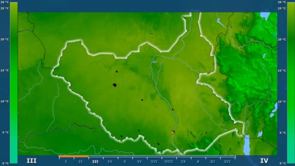 Минимальная Температура Месяцам Районе Южного Судана Оживленной Легендой Светящиеся Формы — стоковое видео