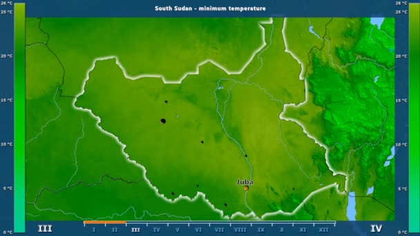 アニメーションの伝説 英語のラベルと南スーダン地域で月最低気温 国と首都名は マップの説明 平射図法 — ストック動画
