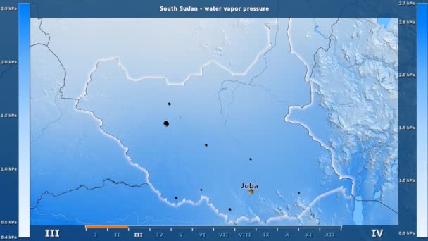 アニメーションの伝説 英語のラベルと南スーダン地域月別水蒸気圧 国と首都名は マップの説明 平射図法 — ストック動画