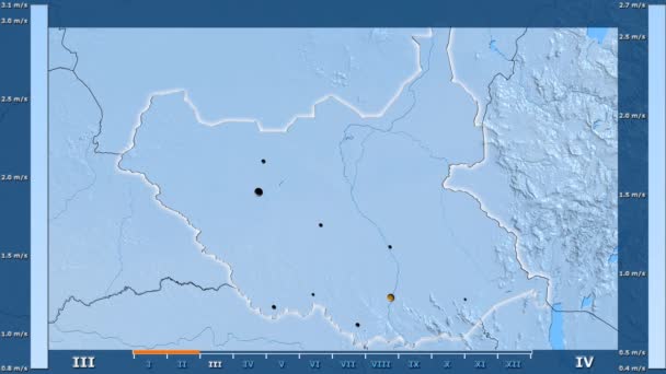 アニメーションの伝説 管理上のボーダー 主要都市 首都の輝く南スーダン地域における月別風速します 平射図法 — ストック動画