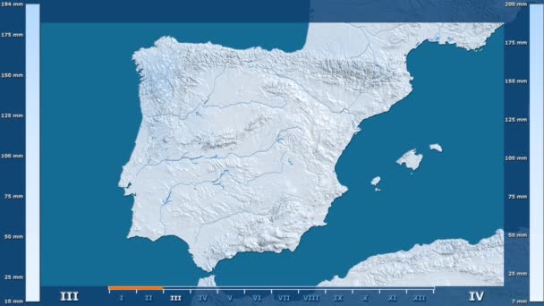 Υετός Ανά Μήνα Στην Περιοχή Ισπανία Κινούμενα Υπόμνημα Ημικατεργασμένο Shader — Αρχείο Βίντεο