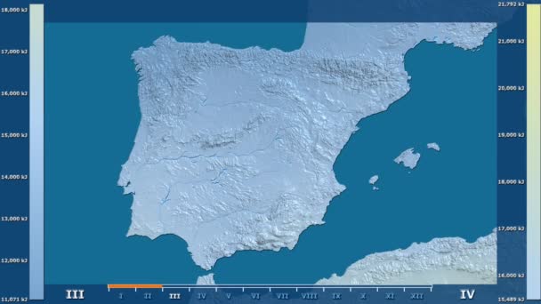 Solar Radiation Month Spain Area Animated Legend Raw Color Shader — Stock Video