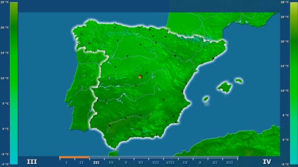 Maximale Temperatuur Maand Het Gebied Van Spanje Met Geanimeerde Legend — Stockvideo