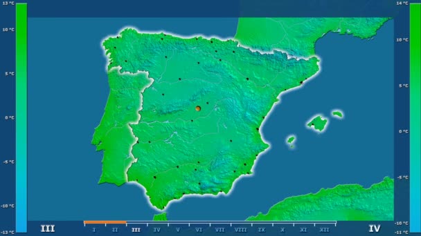 Lägsta Temperatur Månad Spanien Med Animerade Legend Glödande Form Administrativa — Stockvideo