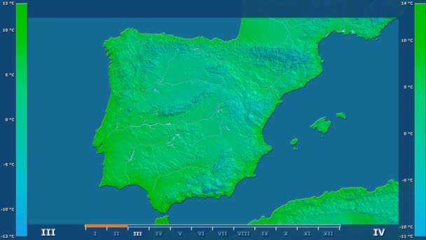 Lägsta Temperatur Månad Spanien Med Animerade Legend Raw Färg Shader — Stockvideo