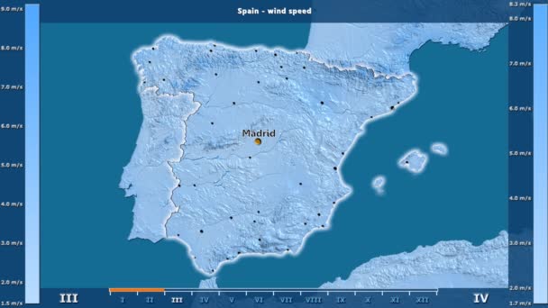 风速按月在西班牙地区与动画传奇 英文标签 国家和资本名称 地图描述 球极投影 — 图库视频影像