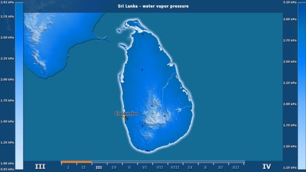 アニメーションの伝説 英語のラベルを持つスリランカ地区に月別水蒸気圧 国と首都名は マップの説明 平射図法 — ストック動画