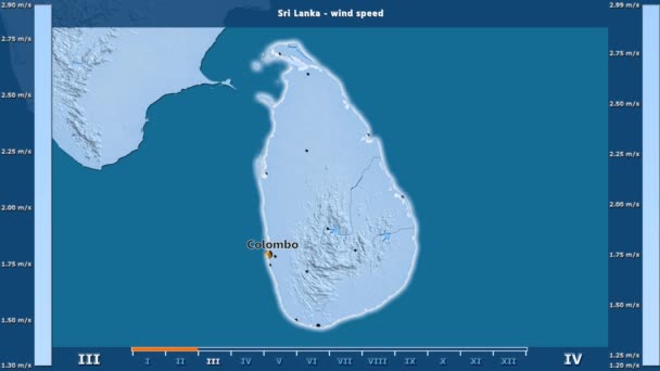 风速按月在斯里兰卡地区与动画图例 英文标签 国家和资本名称 地图描述 球极投影 — 图库视频影像