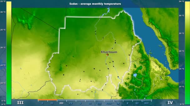 Durchschnittstemperatur Pro Monat Sudan Gebiet Mit Animierter Legende Englische Beschriftung — Stockvideo