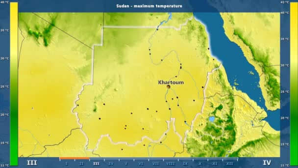 在苏丹地区的最高气温以月为动画图例 英文标签 国家和资本名称 地图描述 球极投影 — 图库视频影像