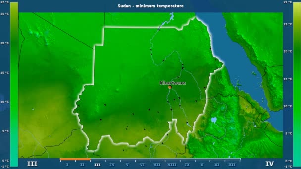 Lägsta Temperatur Månad Området Sudan Med Animerade Legend Engelska Etiketter — Stockvideo