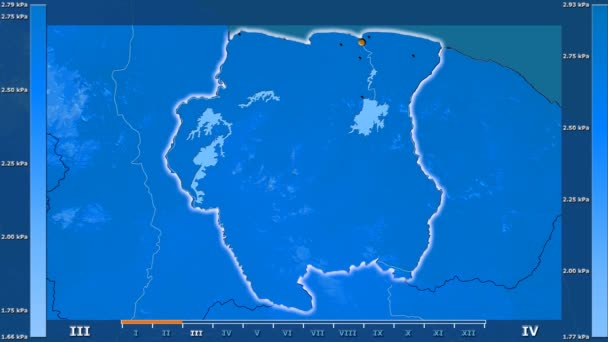 在苏里南地区 水汽压力按月份显示动画图例 发光的形状 行政边界 主要城市 球极投影 — 图库视频影像