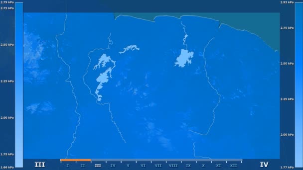 アニメーションの伝説 Raw カラー シェーダーを持つスリナム地区月別水蒸気圧 平射図法 — ストック動画