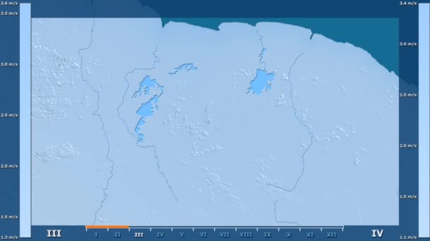 アニメーションの伝説 Raw カラー シェーダーを持つスリナム地区の月別風速 平射図法 — ストック動画