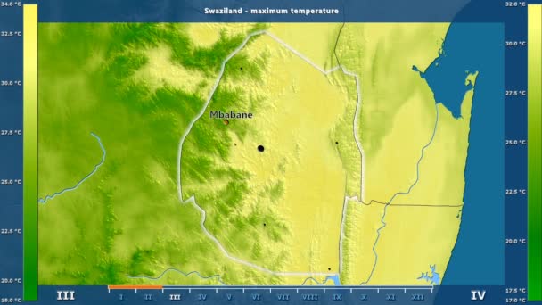 Maximale Temperatuur Maand Het Gebied Van Swaziland Met Geanimeerde Legend — Stockvideo