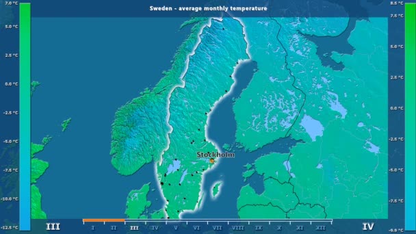 アニメーションの伝説 英語のラベルを持つスウェーデン地区月別平均気温 国と首都名は マップの説明 平射図法 — ストック動画