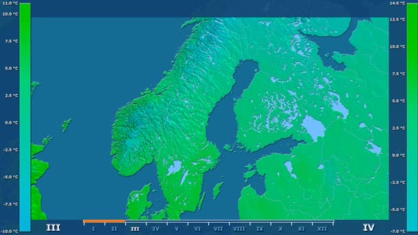 Maximal Temperatur Månad Området Sverige Med Animerade Legend Raw Färg — Stockvideo