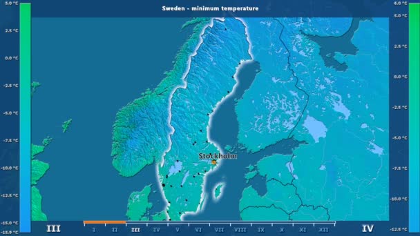 Lägsta Temperatur Månad Området Sverige Med Animerade Legend Engelska Etiketter — Stockvideo