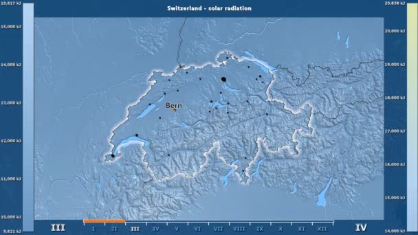 Aya Göre Güneş Radyasyonu Animasyonlu Gösterge Ngilizce Etiketleri Sviçre Bölge — Stok video