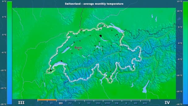 平均温度按月在瑞士区域以生动的传奇 英国标签 国家和资本名字 地图描述 球极投影 — 图库视频影像