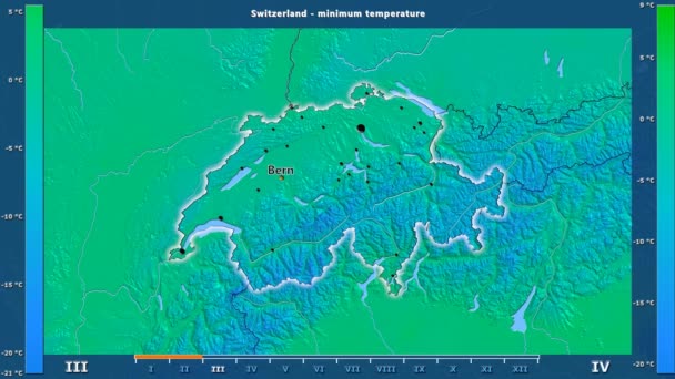 Lägsta Temperatur Månad Schweiz Med Animerade Legend Engelska Etiketter Landet — Stockvideo