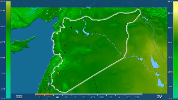 Maximal Temperatur Månad Området Syrien Med Animerade Legend Glödande Form — Stockvideo