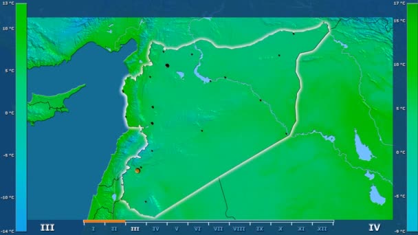 Минимальная Температура Месяцам Районе Сирии Оживленной Легендой Светящиеся Формы Административные — стоковое видео