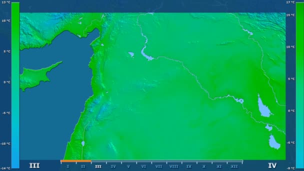 アニメーションの伝説 Raw カラー シェーダーを持つシリア地区月最低気温は 平射図法 — ストック動画