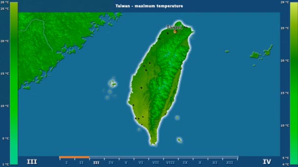 Maximale Temperatur Pro Monat Der Taiwanregion Mit Animierter Legende Englische — Stockvideo