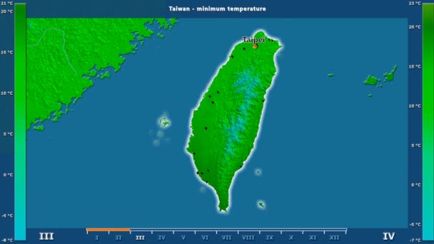 台湾地区最低气温按月显示动画图例 英文标签 国家和资本名称 地图描述 球极投影 — 图库视频影像