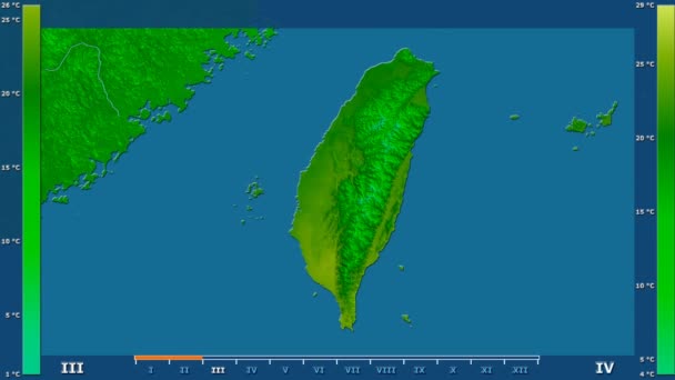 以月为最高气温的台湾地区与动画图例 原始颜色着色器 球极投影 — 图库视频影像