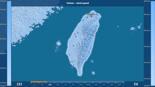 アニメーションの伝説 英語のラベルと台湾地区月別風速 国と首都名は マップの説明 平射図法 — ストック動画