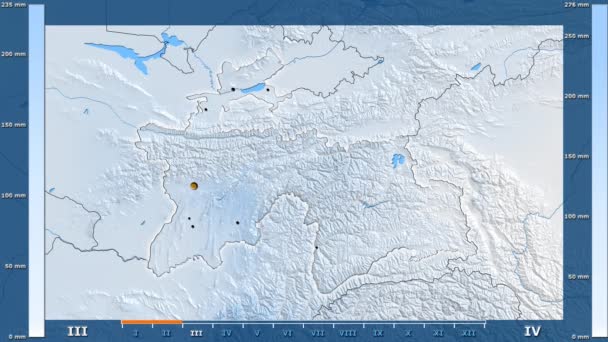 Precipitation Month Tajikistan Area Animated Legend Glowing Shape Administrative Borders — Stock Video