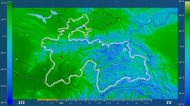 Maksymalna Temperatura Przez Miesiąc Obszarze Tadżykistanu Legendą Animowane Świecące Kształt — Wideo stockowe