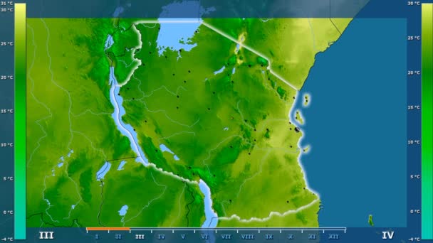 アニメーション伝説 管理上のボーダー 主要都市 首都の光るタンザニア地区における月別平均気温 平射図法 — ストック動画