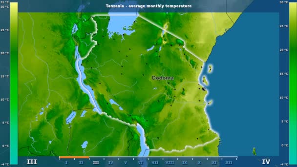 アニメーションの伝説 英語のラベルとタンザニア地区月別平均気温 国と首都名は マップの説明 平射図法 — ストック動画