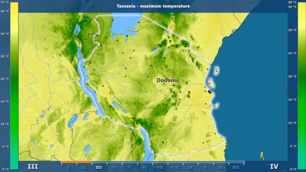 Maximale Temperatur Pro Monat Der Region Tansania Mit Animierter Legende — Stockvideo