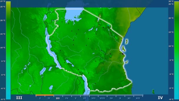 最低气温按月在坦桑尼亚地区以动画传奇发光的形状 行政边界 主要城市 球极投影 — 图库视频影像