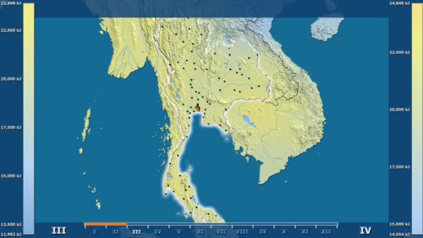 太阳辐射的月份在泰国地区与动画传奇 发光的形状 行政边界 主要城市 球极投影 — 图库视频影像
