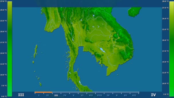 最低气温按月在泰国区域与动画传奇 原始的颜色着色器 球极投影 — 图库视频影像