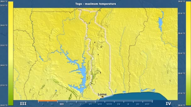 最大温度按月在多哥区域以生动的传奇 英国标签 国家和资本名字 地图描述 球极投影 — 图库视频影像