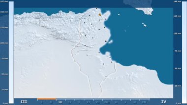 Animasyonlu gösterge - parlayan şekli, idari sınırları, ana şehirler, sermaye ile Tunus bölgede yağış aya göre. Sterografik projeksiyon