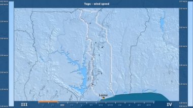 Rüzgar hızı aya göre animasyonlu gösterge - İngilizce etiketleri Togo bölge: ülke ve sermaye adları, açıklama göster. Sterografik projeksiyon